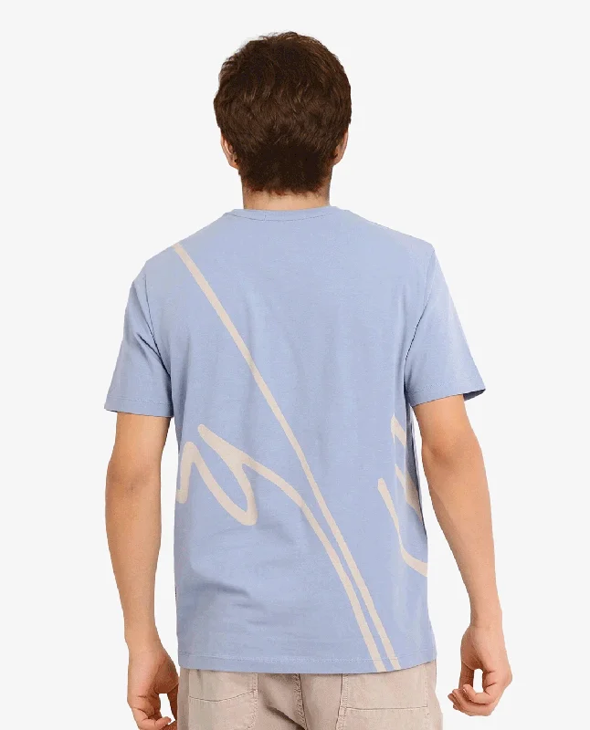 Men's Shirts with Double-Breasted DesignsRare Rabbit Men Chael Dusky Blue Cotton Lycra Fabric Short Sleeve Crew Neck Regular Fit Graphic Signature Print T-Shirt