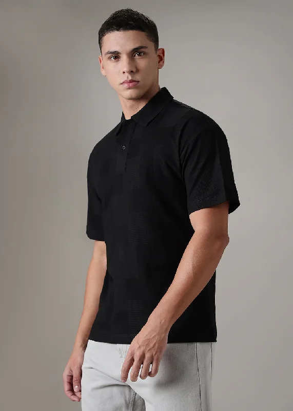 Men's Shirts with Contrast StitchingTextured Weave Black Polo T-shirt