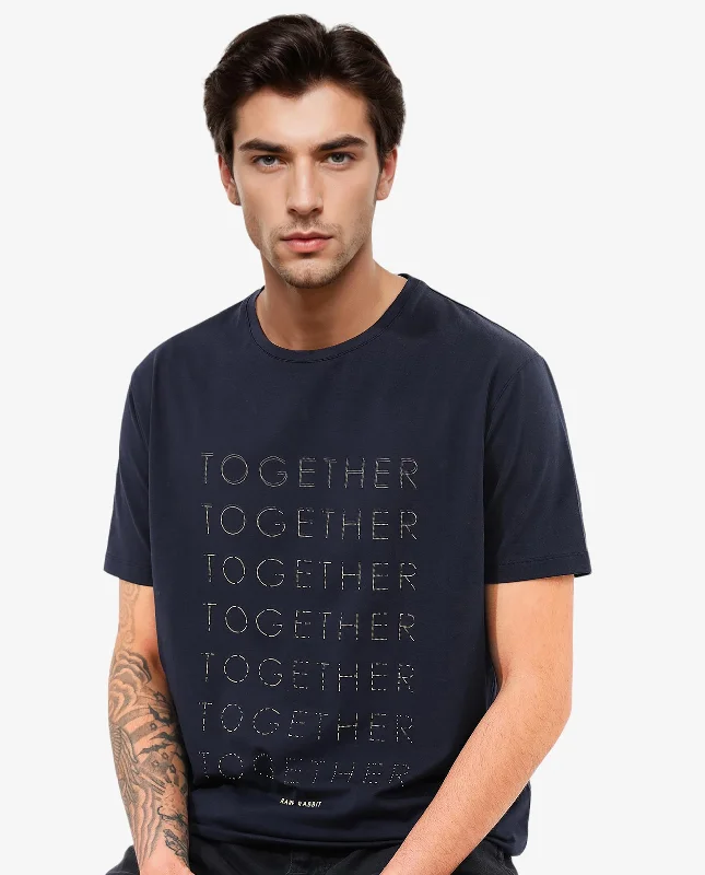 Men's Long-Sleeved ShirtsRare Rabbit Articale Men's Together-1 Navy Crew Neck Relaxed Fit Knit Typography Print T-Shirt