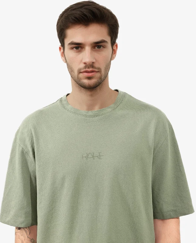 Men's Shirts with CollarsRare Rabbit Mens Heros Dusky Green Cotton Lycra Fabric Blend Drop Shoulder Short Sleeve Oversized Fit Solid T-Shirt