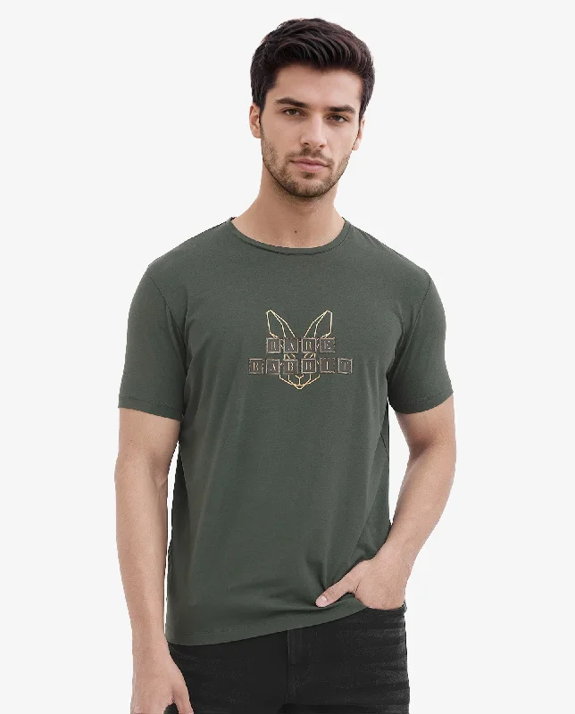 Men's Shirts with High NecksRare Rabbit Men's Bion Olive Cotton Lycra Fabric Half Sleeves Logo Graphic Print T-Shirt Men's Shirts with High NecksRare Rabbit Men's Bion Olive Cotton Lycra Fabric Half Sleeves Logo Graphic Print T-Shirt