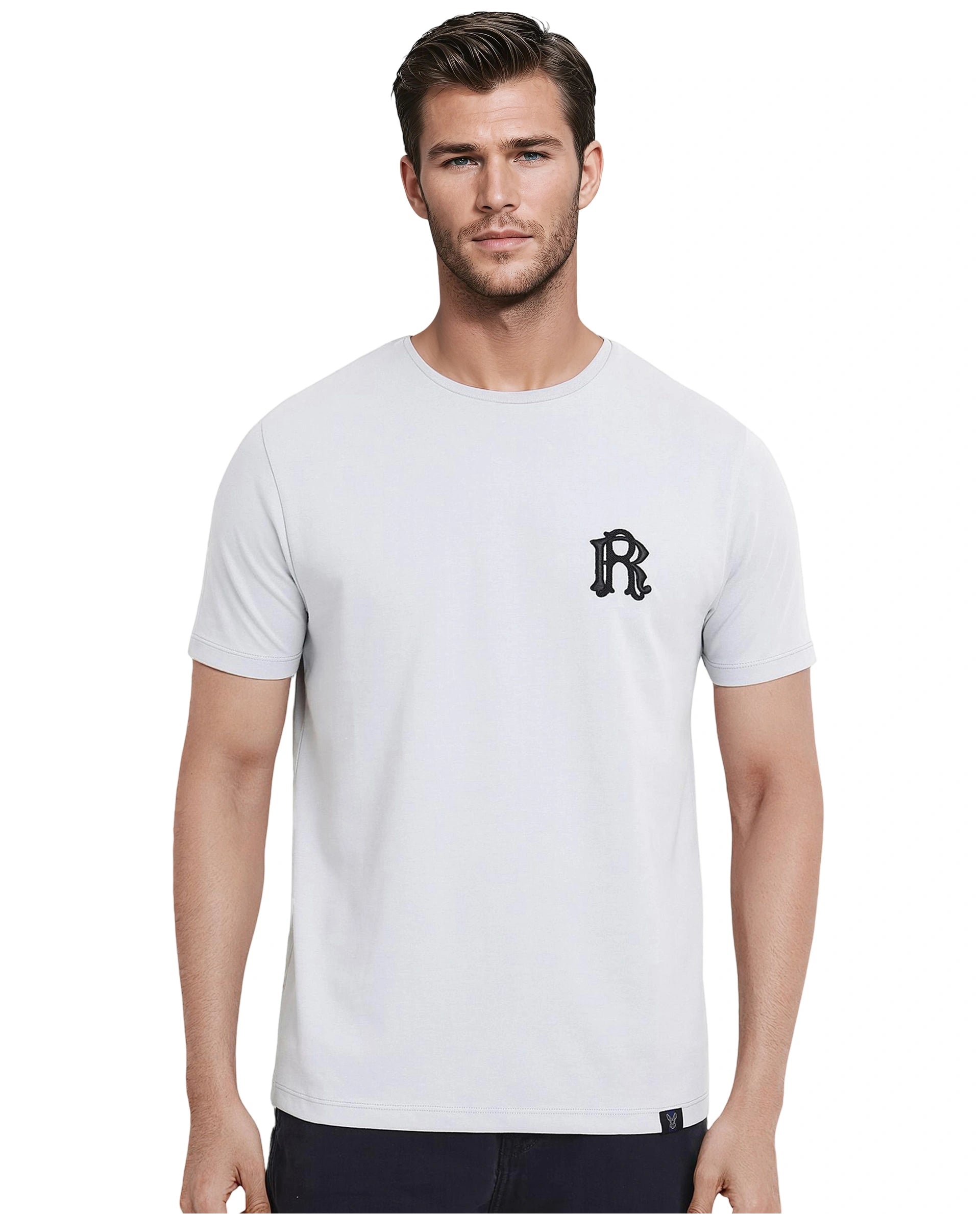 Men's Shirts with Abstract DesignsRare Rabbit Men Lex Light Grey Cotton Polyester Fabric Short Sleeve Crew Neck Oversized Fit Embroidery Logo T-Shirt