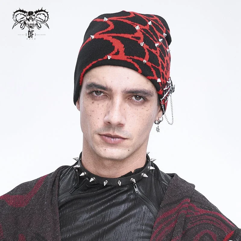 Cool Snapback HatsMen's Punk Contrast Color Spider Web Knitted Beanie Red