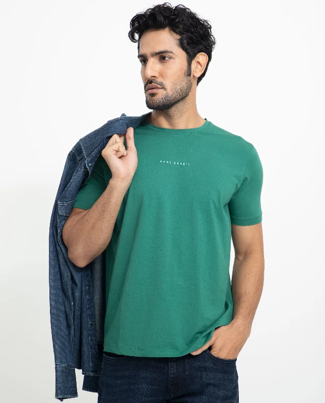 Men's Shirts with Single-Breasted DesignsRare Rabbit Men's Rabbit-5 Green Crew Neck HD Print Branding Half Sleeves Regular Fit T-Shirt