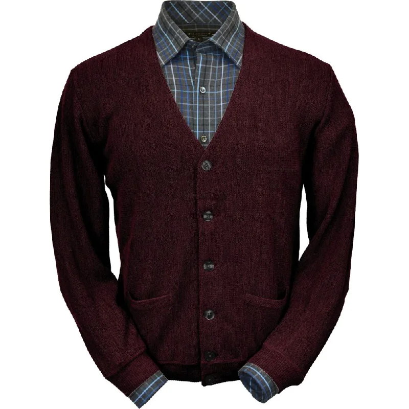 Chic Men's Cashmere SweatersBaby Alpaca 'Links Stitch' V-Neck Cardigan Sweater in Wine Heather by Peru Unlimited
