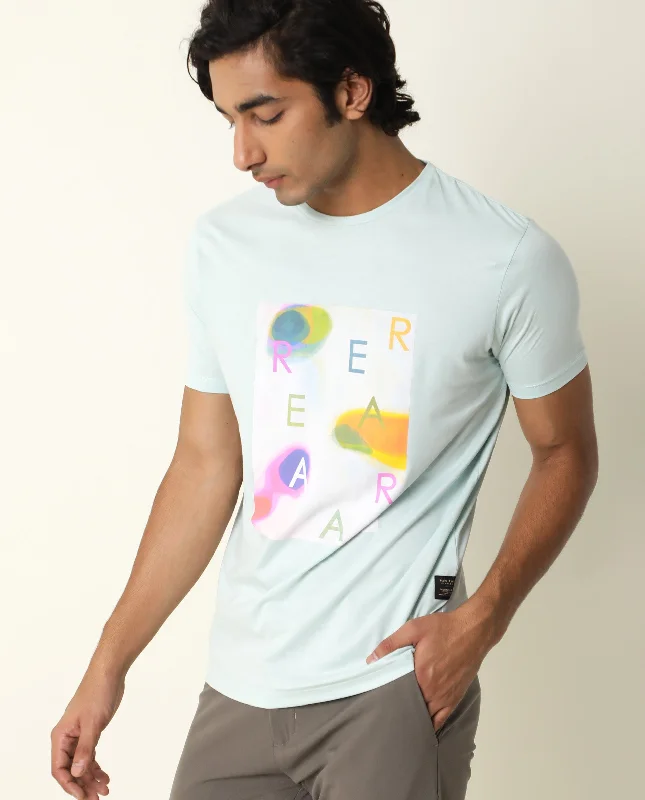 Men's Short-Sleeved ShirtsRare Rabbit Men's Monc Blue Crew Neck Discharge Abstract Print With Branding Half Sleeves Slim Fit T-Shirt
