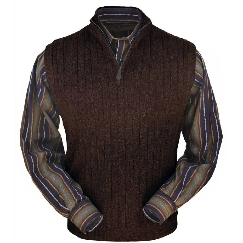 Men's Sweaters in Pastel ShadesBaby Alpaca 'Links Stitch' Ribbed Zip-Neck Sweater Vest in Dark Brown Heather by Peru Unlimited