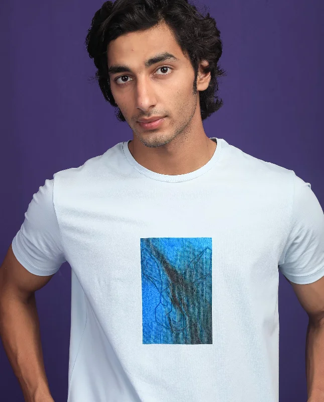 Men's Shirts with Scoop NecksRare Rabbit Men's Emine Light Blue Crew Neck Discharge Graphic Printed Half Sleeves Slim Fit T-Shirt