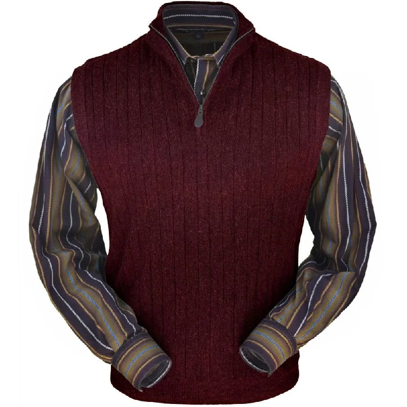 Men's Sweaters with Kangaroo PocketsBaby Alpaca 'Links Stitch' Ribbed Zip-Neck Sweater Vest in Wine Heather by Peru Unlimited