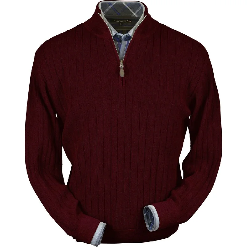 Men's Sweaters with Thumbholes in SleevesBaby Alpaca 'Links Stitch' Half-Zip Mock Neck Sweater in Wine Heather by Peru Unlimited