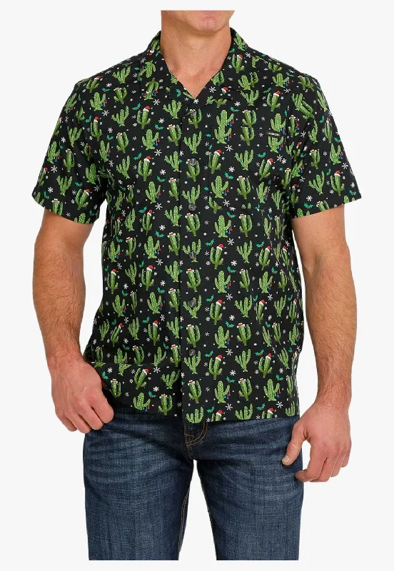 Men's Checked Short-Sleeve Shirts for Summer FunCinch Mens Christmas Cactus Short Sleeve Shirt