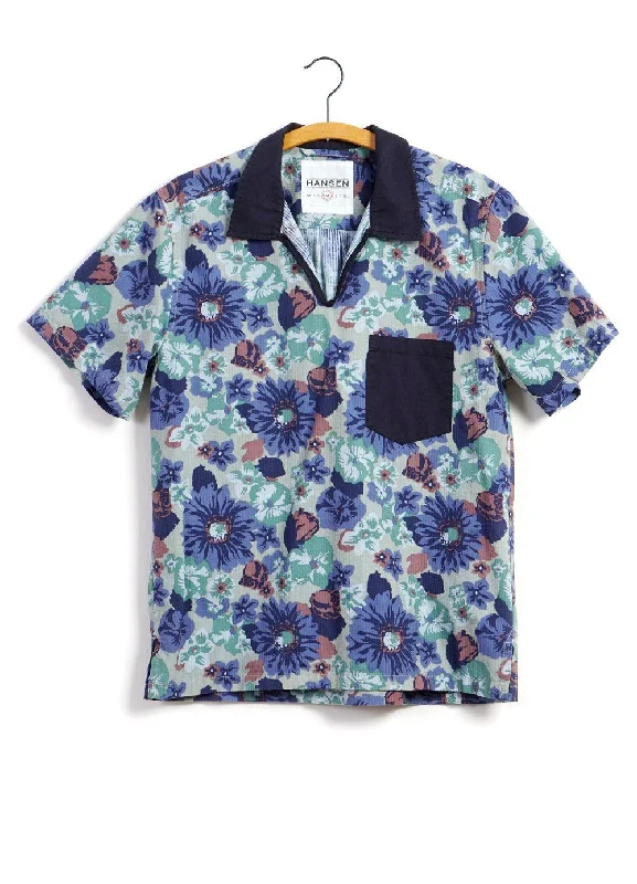 Men's Patterned Dress Casual Shirts for Smart-Casual EventsPHILIP | Short Sleeve Pull-On Shirt | Flower/Navy