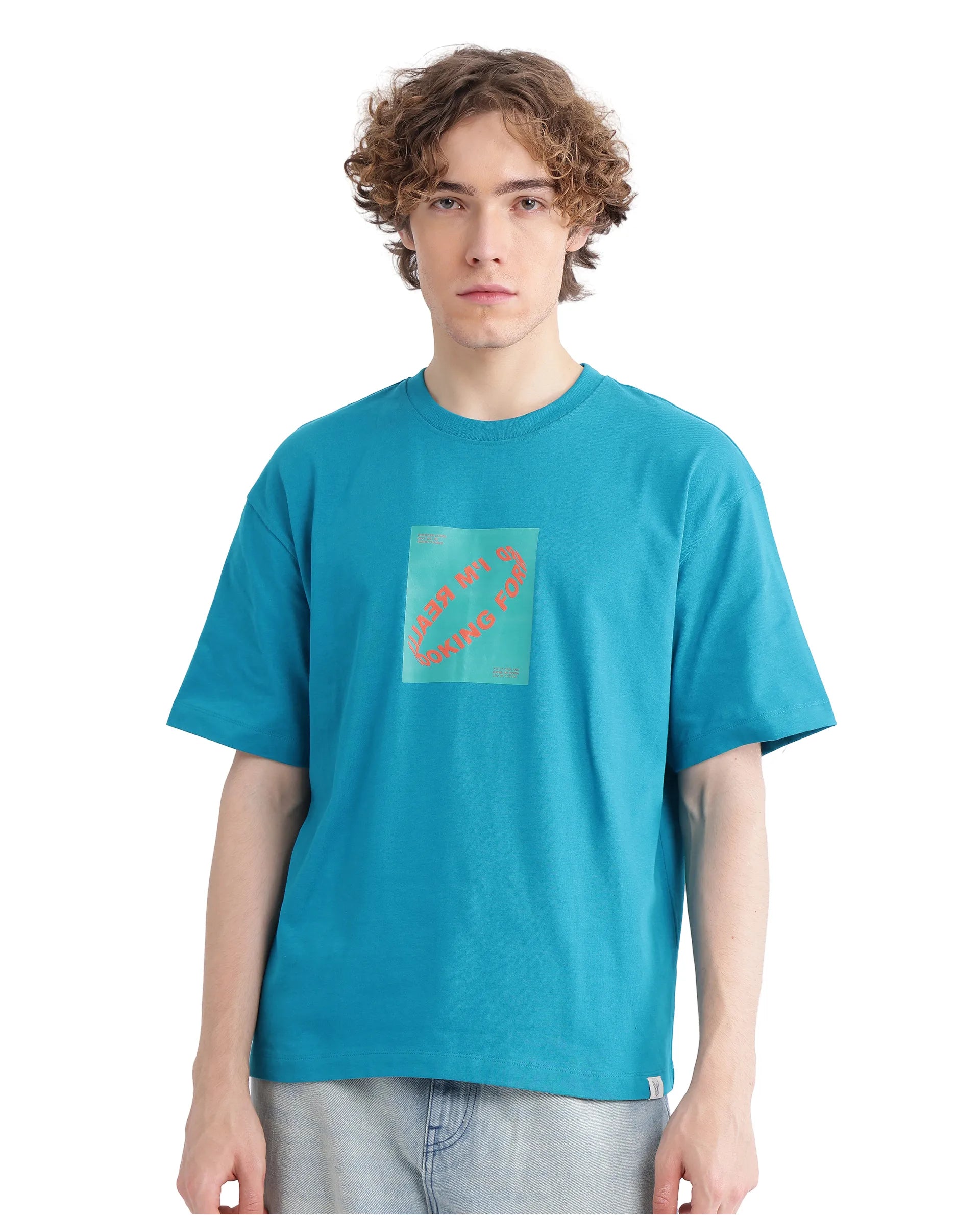 Men's Shirts for HuntingRare Rabbit Men Just Teal Cotton Fabric Short Sleeve Crew Neck Graphic Print T-Shirt