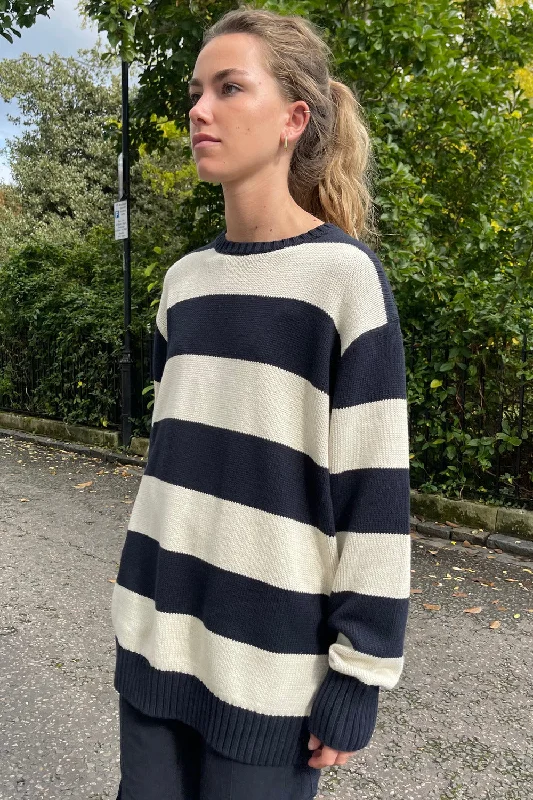 Cream Navy Blue Stripes