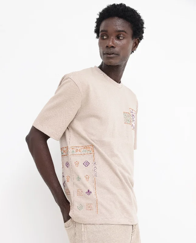 Men's Shirts for Beach OutingsRare Rabbit Mens Myro Beige Cotton Polyester Fabric Oversized Fit Embroidered T-Shirt Men's Shirts for Beach OutingsRare Rabbit Mens Myro Beige Cotton Polyester Fabric Oversized Fit Embroidered T-Shirt