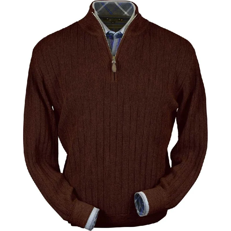 Men's Sweaters with Ribbed HemsBaby Alpaca 'Links Stitch' Half-Zip Mock Neck Sweater in Bark Heather by Peru Unlimited
