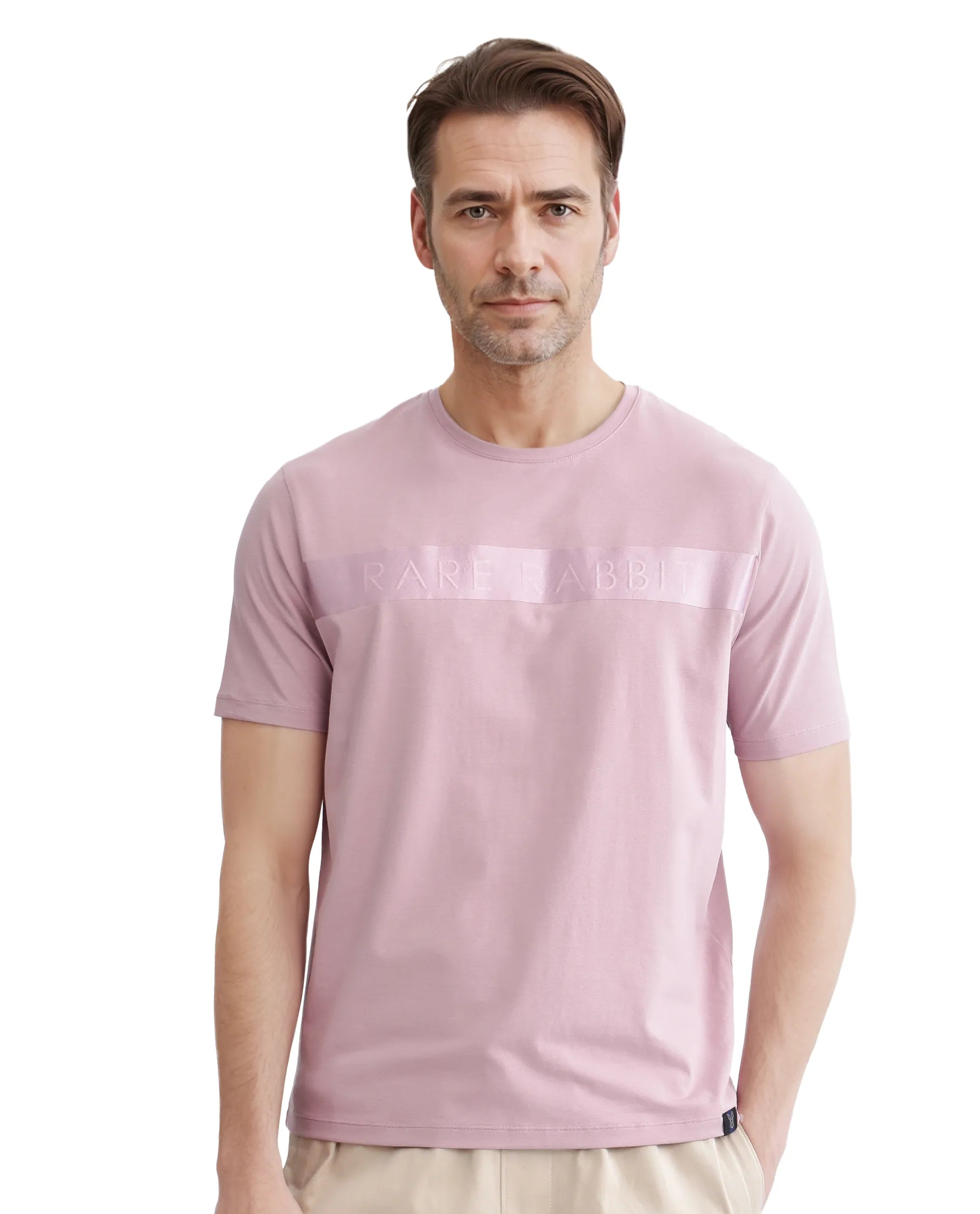 Men's Shirts with Tab CollarsRare Rabbit Men's Olios-1 Light Pink Cotton Lycra Fabric Short Sleeve Crew Neck Graphic Print T-Shirt