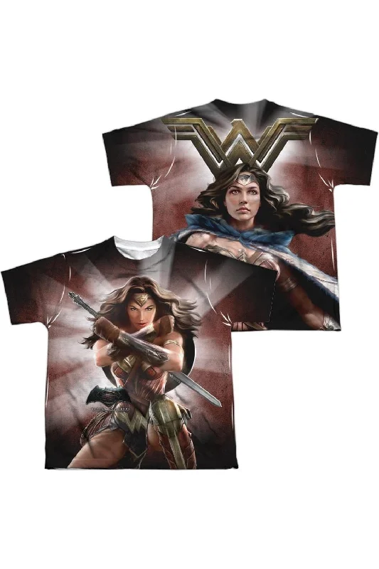 Men's Three-Quarter Sleeved TopsBatman V Superman Wonder Woman Light (Front/Back Print) Short Sleeve Youth Poly Crew Tee / T-Shirt