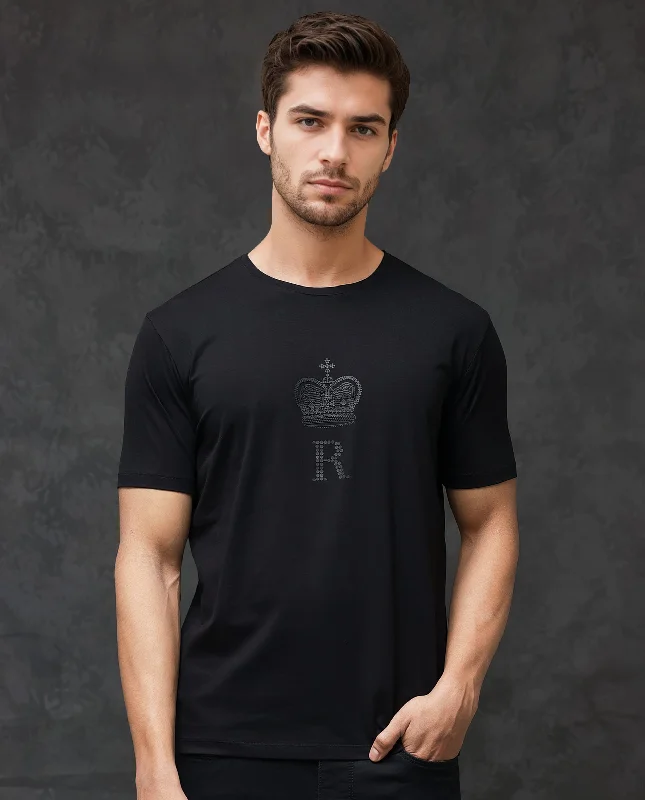 Men's Shirts with Striped PatternsRare Rabbit Men's Maisel Black Cotton Lycra Fabric Half Sleeves Graphic Print T-Shirt Men's Shirts with Striped PatternsRare Rabbit Men's Maisel Black Cotton Lycra Fabric Half Sleeves Graphic Print T-Shirt