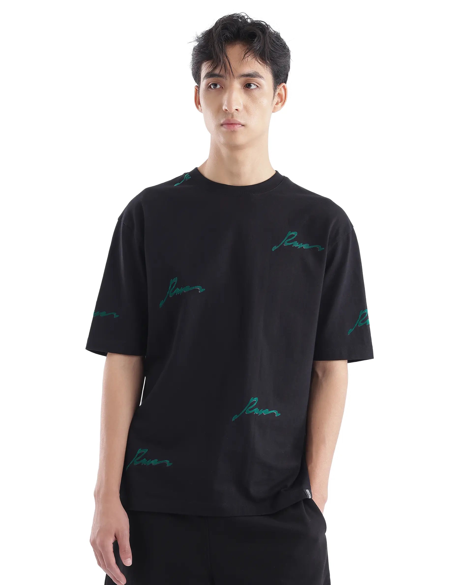 Men's Shirts with Cowl NecksRare Rabbit Men Erken Black Cotton Fabric Short Sleeve Crew Neck Oversized Fit Graphic Typography Print T-Shirt