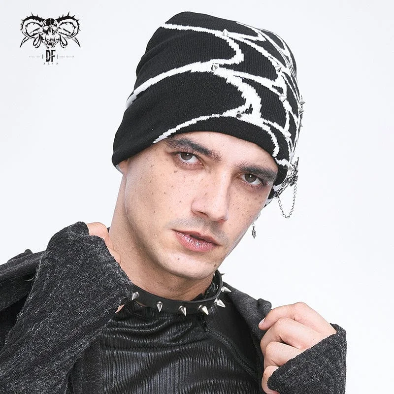 Affordable Baseball HatsMen's Punk Contrast Color Spider Web Knitted Beanie White