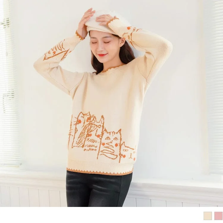 Warm Men's Hooded SweatersCAT PRINTED KNIT LONG SLEEVE ROUND NECK TOPS