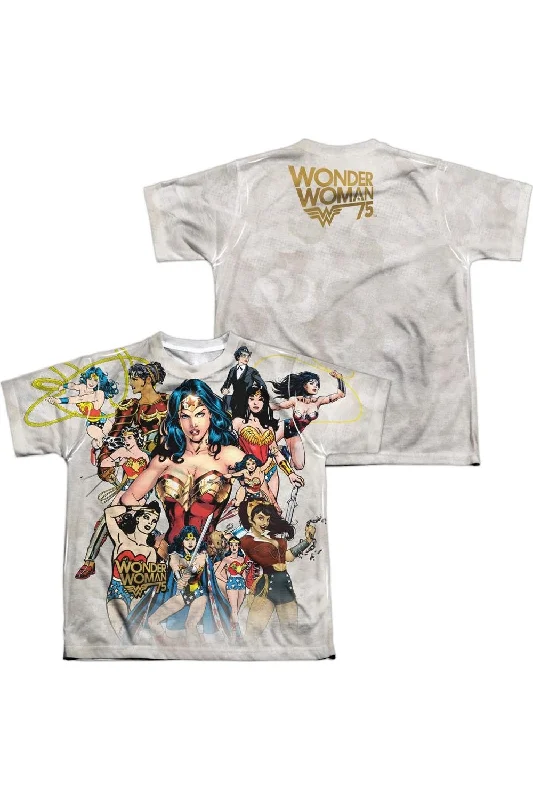 Men's Shirts with Pleated HemlinesWonder Woman 75th Collage (Front/Back Print) Short Sleeve Youth Poly Crew Tee / T-Shirt