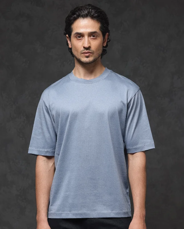 Versatile Men's Tank TopsRare Rabbit Mens Barcelon Dusky Blue Cotton Fabric Short Sleeves Oversized Fit Solid T-Shirt