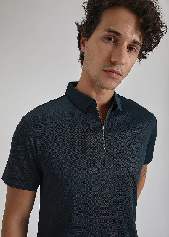Men's Shirts with Checkered PatternsBlue Zipper Stitchless Polo T-shirt