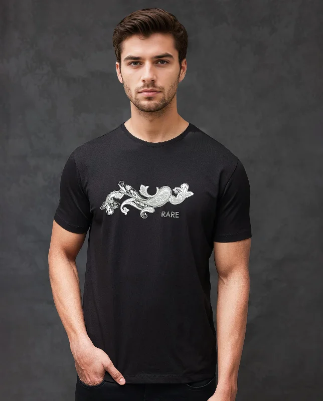 Men's Shirts with Tab CollarsRare Rabbit Men's Friter Black Cotton Fabric Half Sleeves Paisley Print T-Shirt Men's Shirts with Tab CollarsRare Rabbit Men's Friter Black Cotton Fabric Half Sleeves Paisley Print T-Shirt