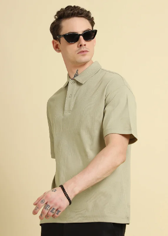 Men's Shirts with Button-Down PocketsGreen Patterned Drop Shoulder Polo T-shirt