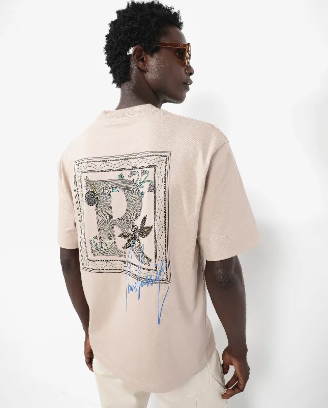 Patterned Men's Hawaiian ShirtsRare Rabbit Articale Mens Yates Dusky Beige Cotton Polyester Fabric Short Sleeve Crew Neck Oversized Fit Graphic Print T-Shirt