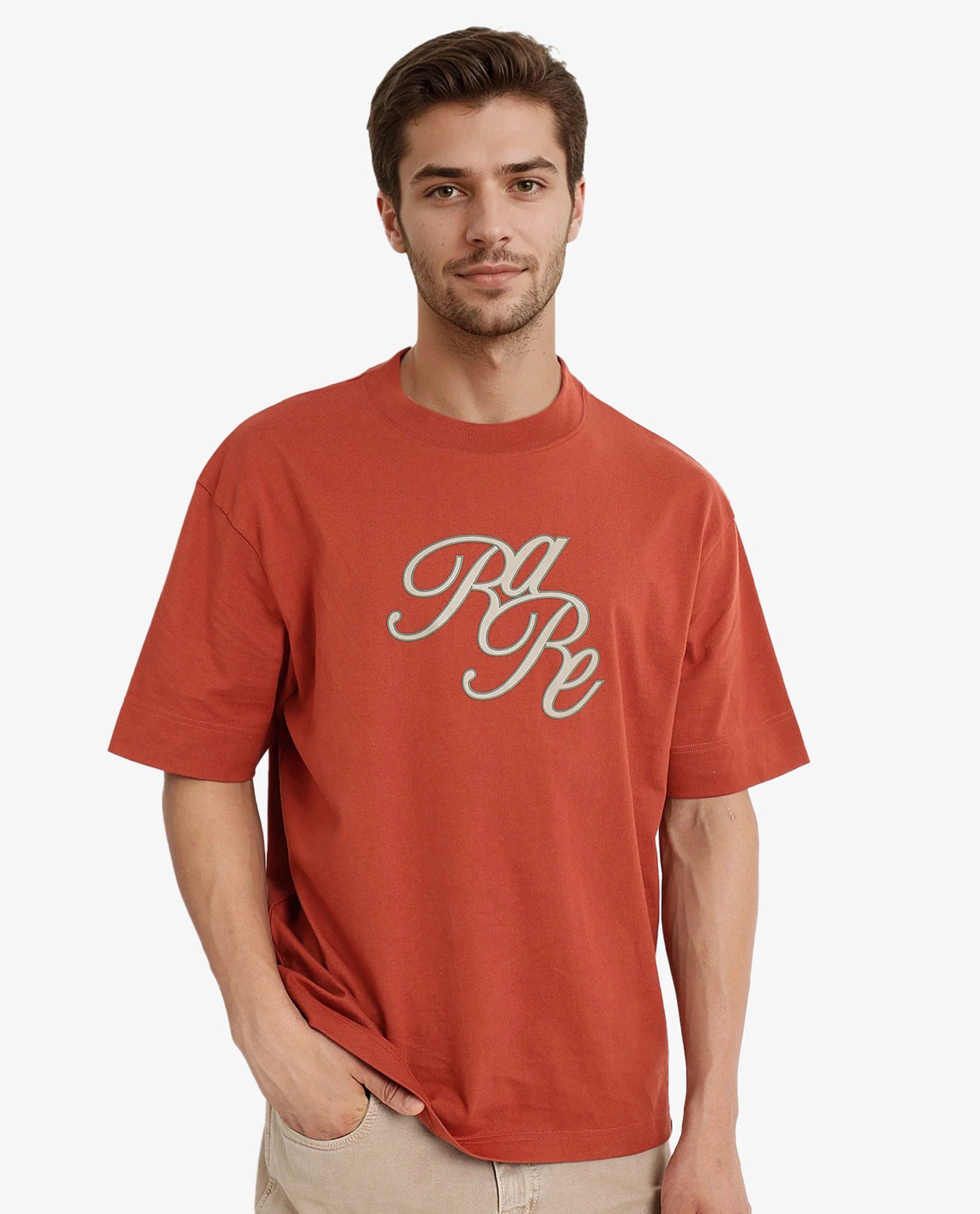 Men's Shirts with Hidden ButtonsRare Rabbit Men Muville Rust Short Sleeve Crew Neck Oversized Fit Typo Graphic Print T-Shirt