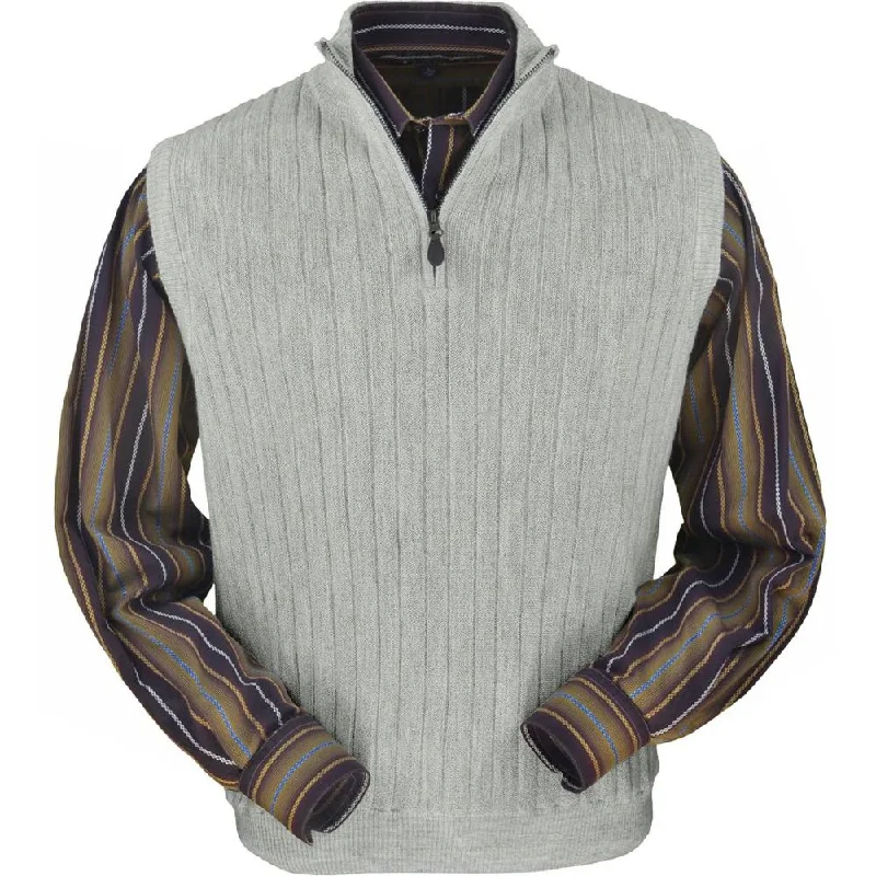 Men's Sweaters with Skinny FitsBaby Alpaca 'Links Stitch' Ribbed Zip-Neck Sweater Vest in Light Grey Heather by Peru Unlimited