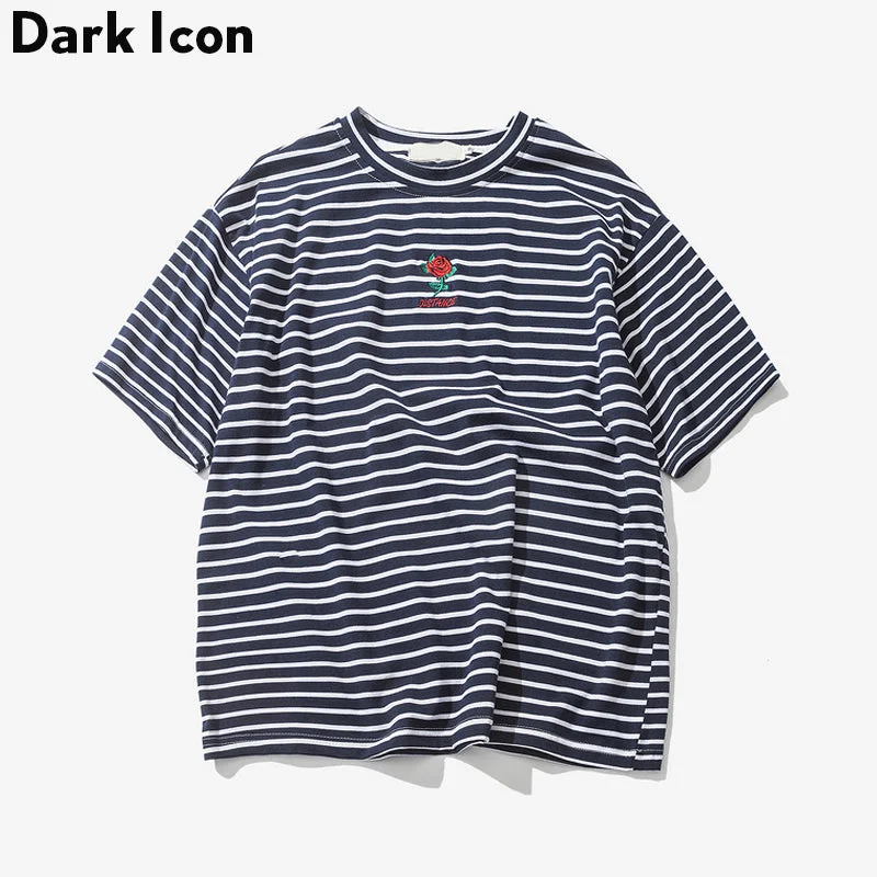 Men's Shirts with UV ProtectionDark Icon Rose Embroidery Striped T-shirt
