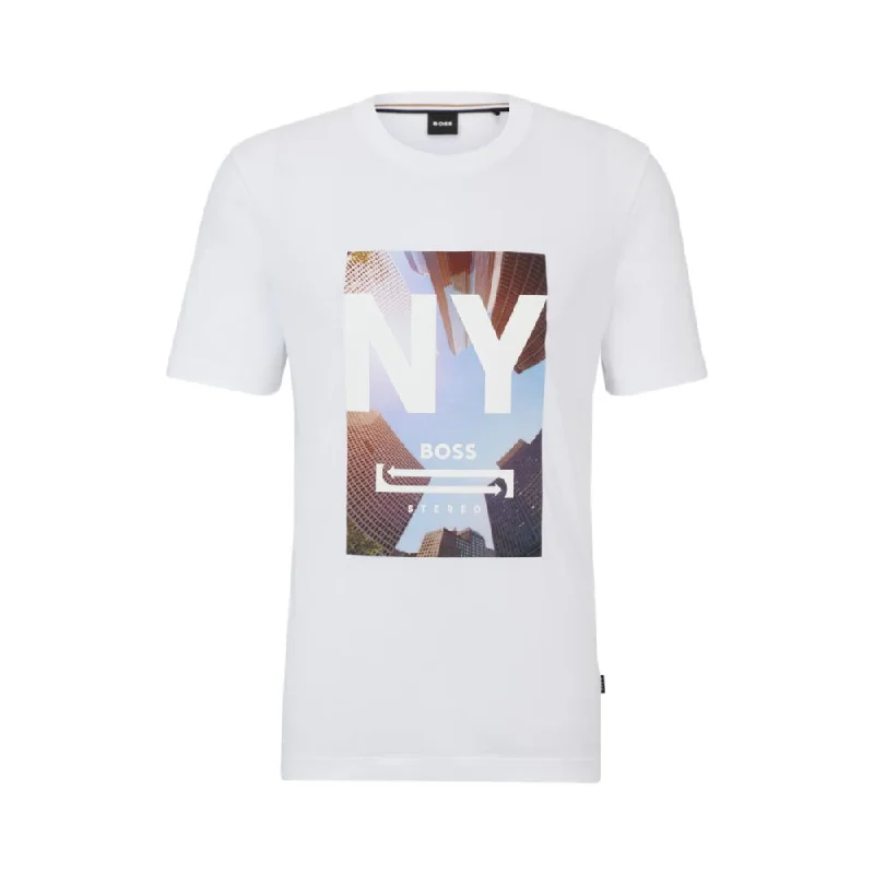 Stylish Men's HenleysCotton-jersey T-shirt with mixed-media artwork