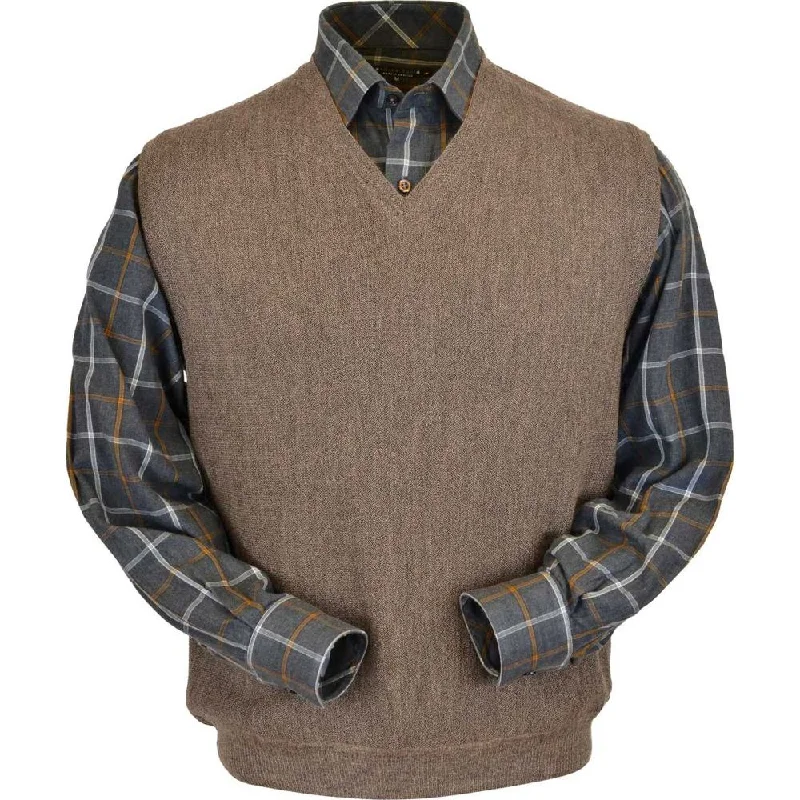 Men's Sweaters with Long SleevesBaby Alpaca 'Links Stitch' V-Neck Sweater Vest in Taupe Heather by Peru Unlimited