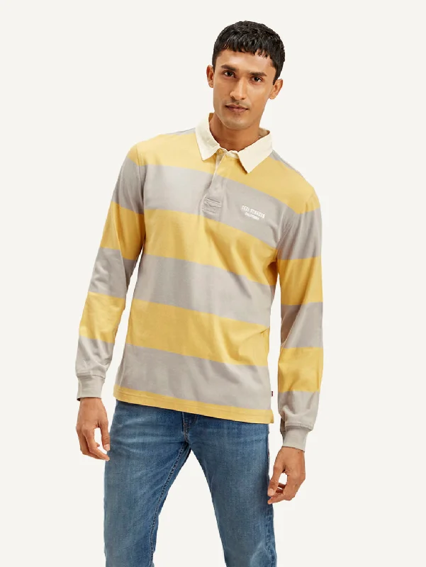 Breathable Men's Mesh TopsMen's Striped Yellow Polo T-shirt