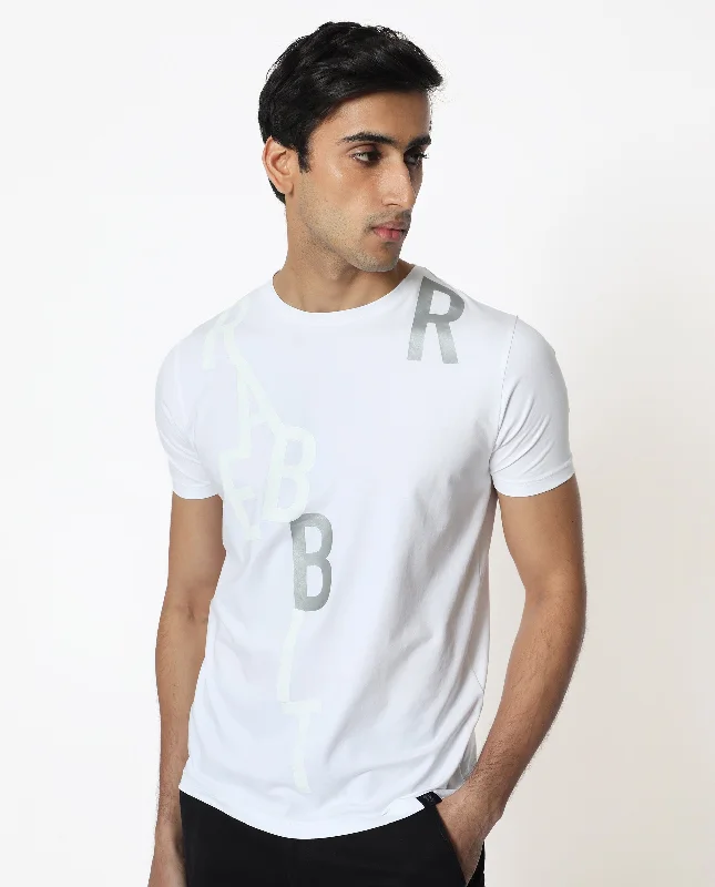 Men's Shirts with Drawstring WaistbandsRare Rabbit Men's Heras White Crew Neck Foil and Plastisol Overall Branding Half Sleeves Regular Fit T-Shirt