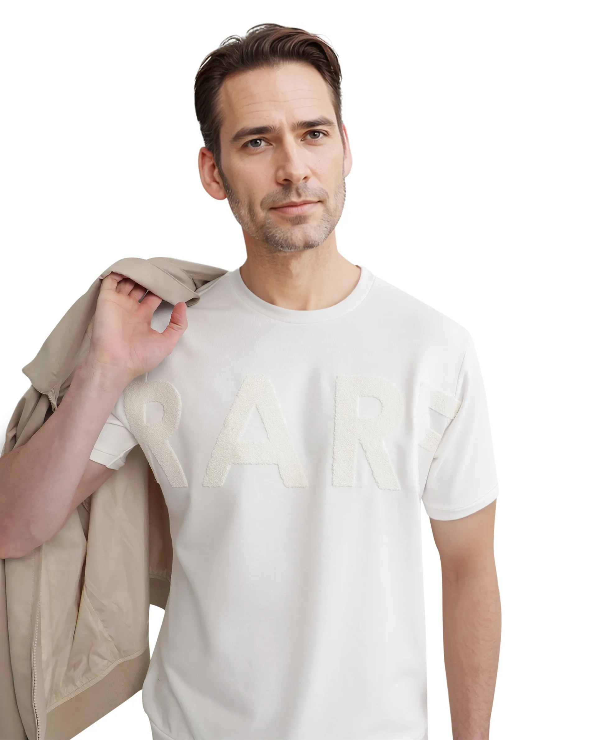 Men's Shirts with Convertible CollarsRare Rabbit Men Nor-3 Off White Cotton Poly Fabric Short Sleeves Crew Neck Oversized Fit Embroidered T-Shirt