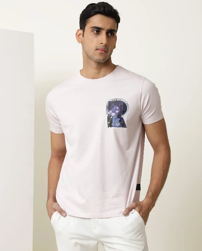 Men's Shirts with Button-Down CollarsRare Rabbit Men's Roseta Pink Cotton Lycra Fabric Crew Neck Half Sleeves Regular Fit Abstract Graphic Print T-shirt