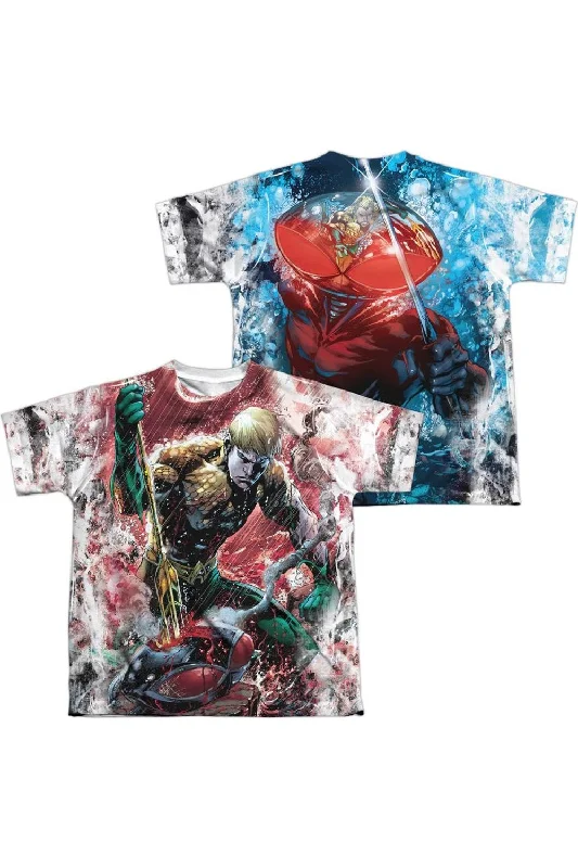 Men's Shirts with Hidden ButtonsJustice League of America Aquaman Vs Manta (Front/Back Print) Short Sleeve Youth Poly Crew Tee / T-Shirt