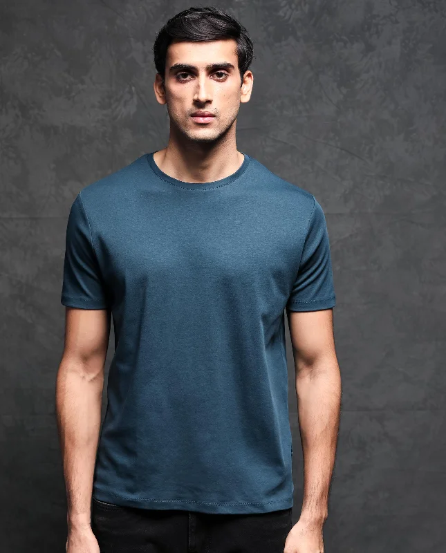 Men's Shirts for HuntingRare Rabbit Men's Gis Petrol Cotton Fabric Crew Neck Half Sleeves Regular Fit Solid T-Shirt