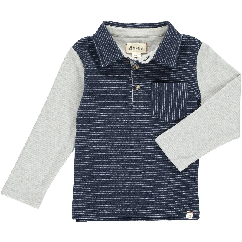Men's Shirts with Elastic WaistbandsBoy's Troy Long Sleeve Polo Shirt In Navy Stripe & Grey