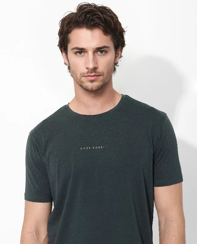 Men's Shirts with Appliqué DetailsRare Rabbit Men's Rabbit-Inf Dark Green Cotton Fabric Short Sleeves Crew Neck Regular Fit Plain T-Shirt