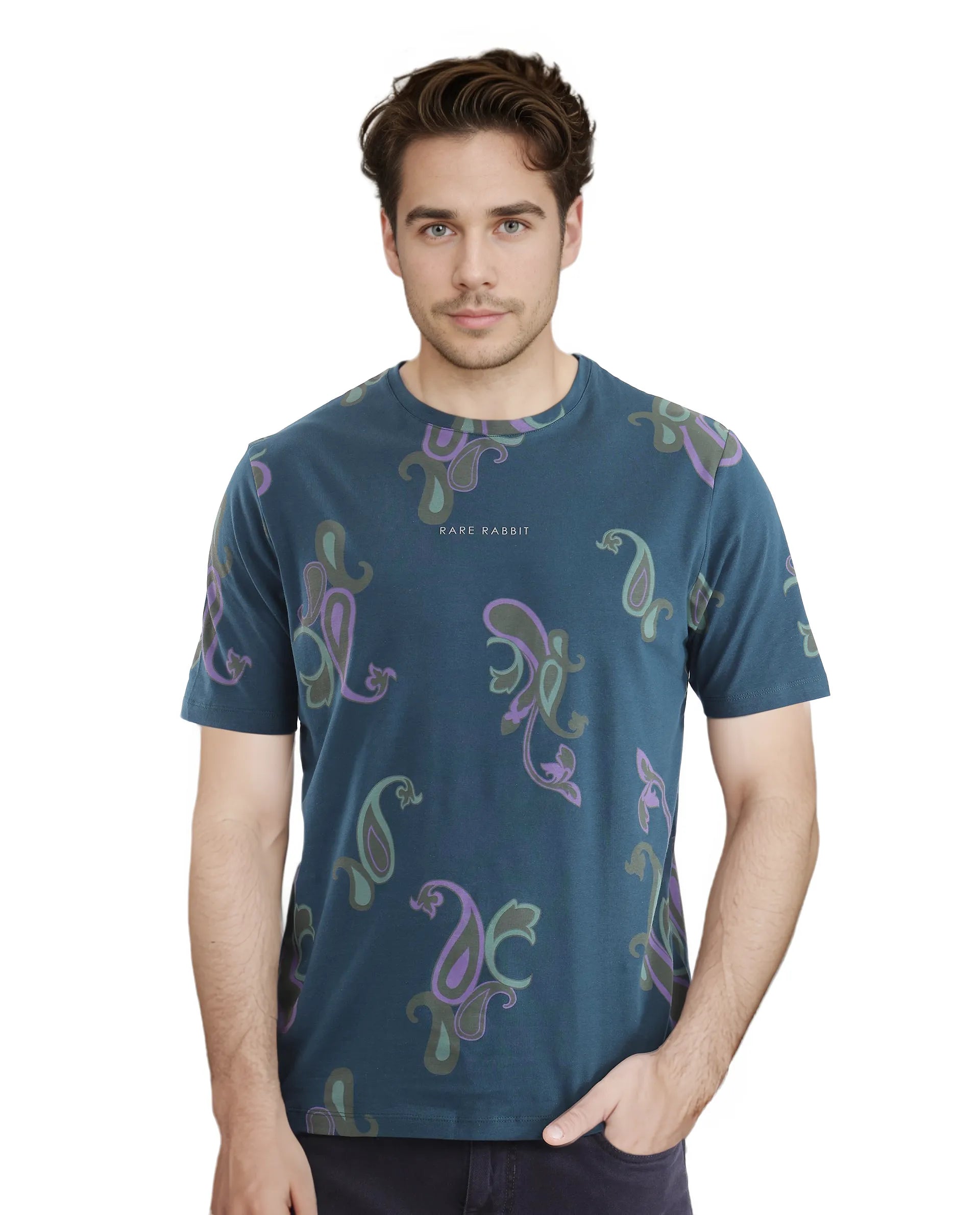 Men's Shirts with Pleated HemlinesRare Rabbit Men's Argus-1 Petrol Cotton Lycra Fabric Short Sleeve Crew Neck Graphic Print T-Shirt