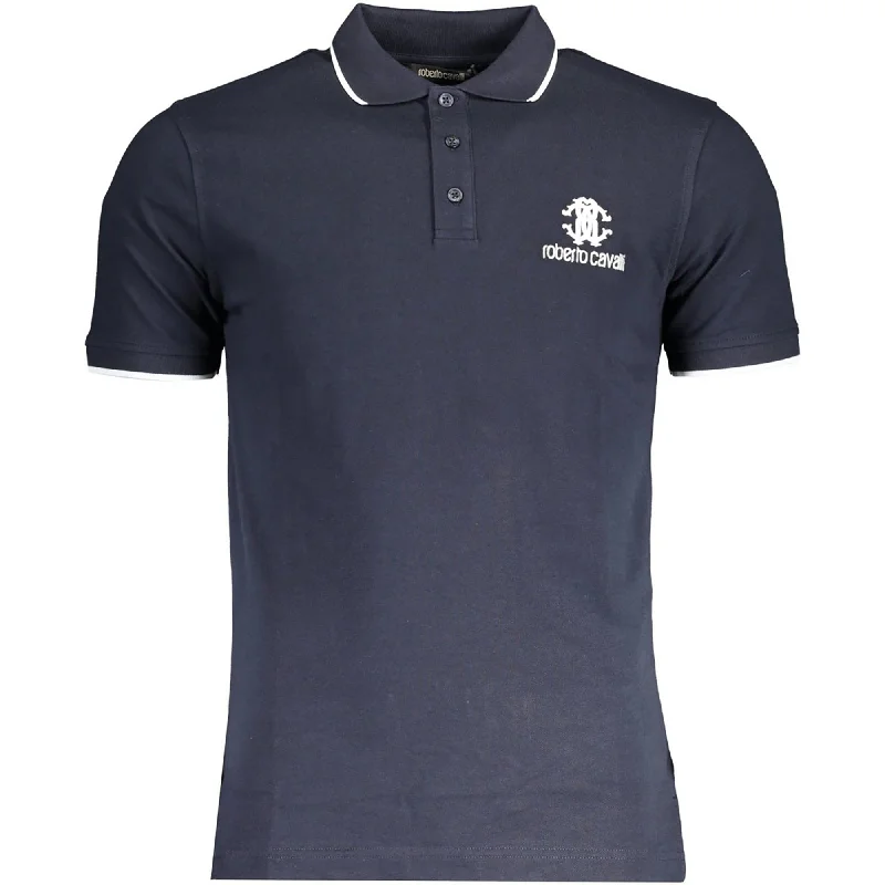 Men's Shirts with Appliquéd SleevesRoberto Cavalli Men's Blue Short Sleeve Cotton Polo T-Shirt with White Logo