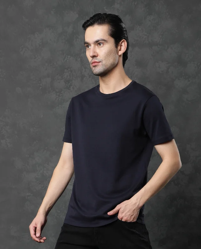 Men's Shirts with Mock NecksRare Rabbit Men's Gis Navy Cotton Fabric Crew Neck Half Sleeves Regular Fit Solid T-Shirt