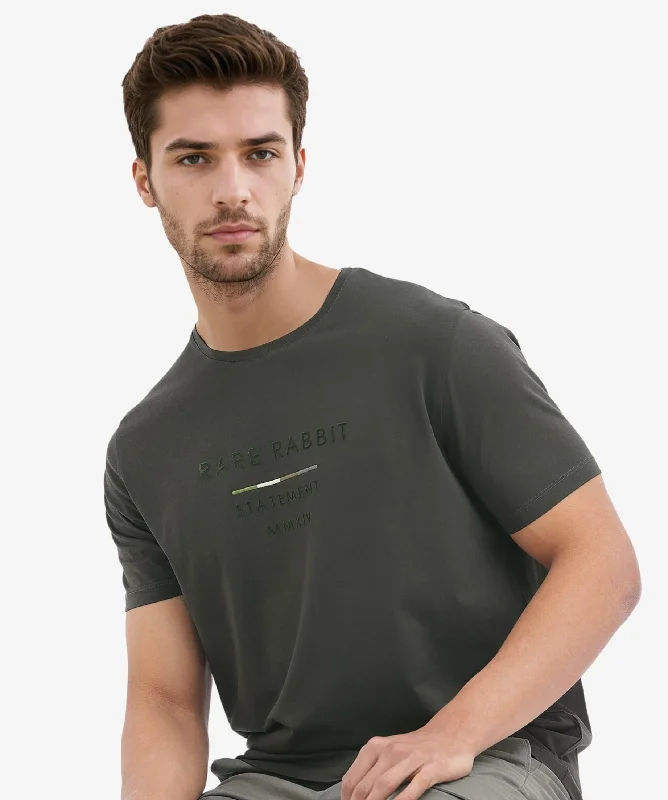 Men's Short-Sleeved ShirtsRare Rabbit Men's Kael Olive Cotton Lycra Half Sleeves Graphic Print T-Shirt Men's Short-Sleeved ShirtsRare Rabbit Men's Kael Olive Cotton Lycra Half Sleeves Graphic Print T-Shirt