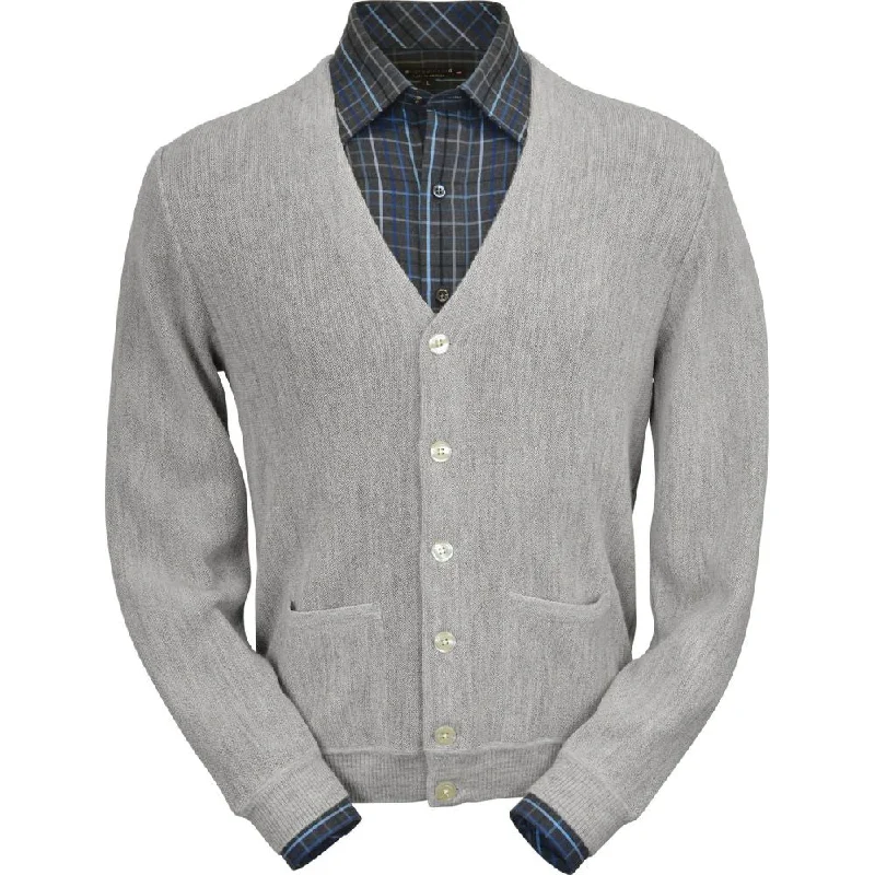 Men's Sweaters with Patch PocketsBaby Alpaca 'Links Stitch' V-Neck Cardigan Sweater in Light Grey Heather by Peru Unlimited